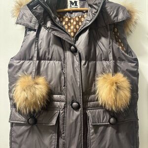 M Missoni Womens Puffer Vest with Fur Accents - Gray Down